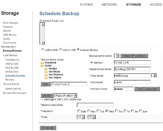 NAS to NAS backup to Synology DS109+ settings