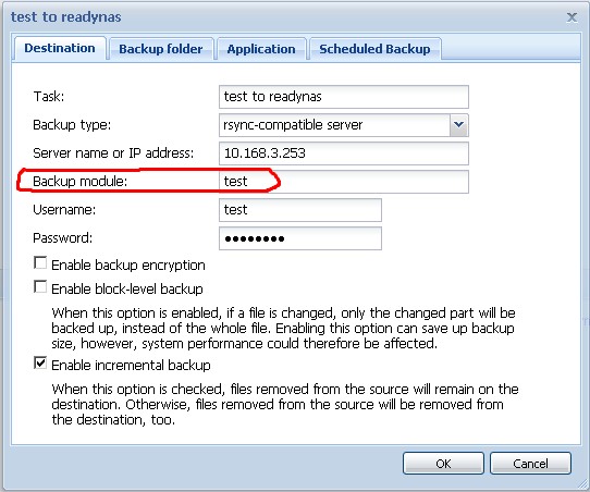 Synology Backup to NV+ settings