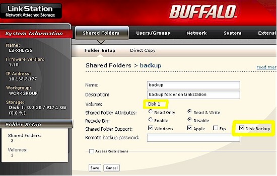 Creating a Buffalo backup target folder