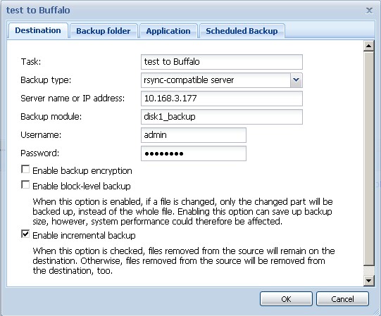 Synology DS109+ backup job to Buffalo rsync target