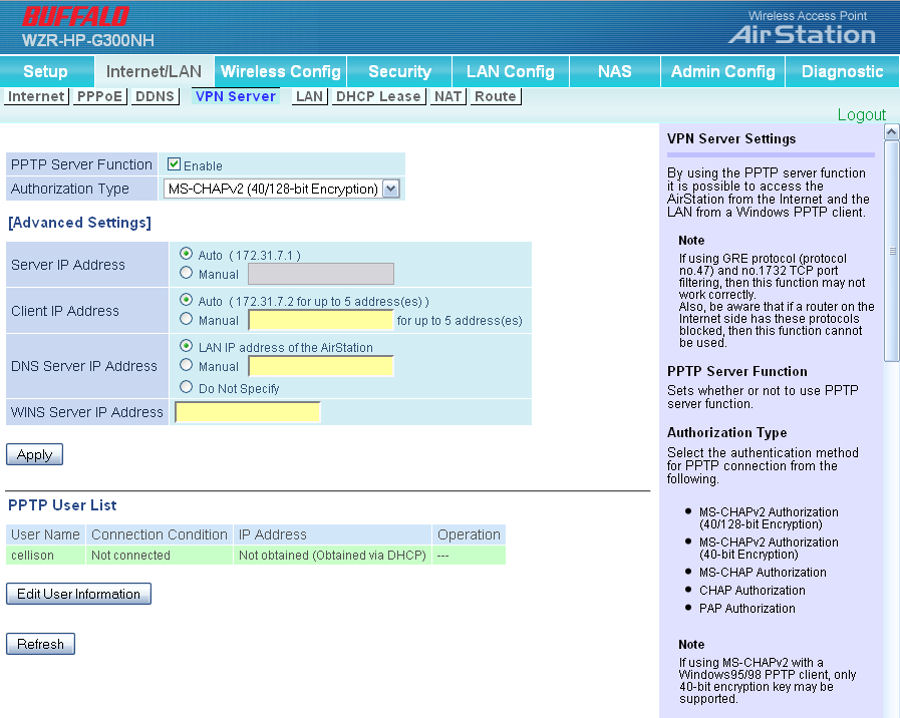 PPTP VPN configuration