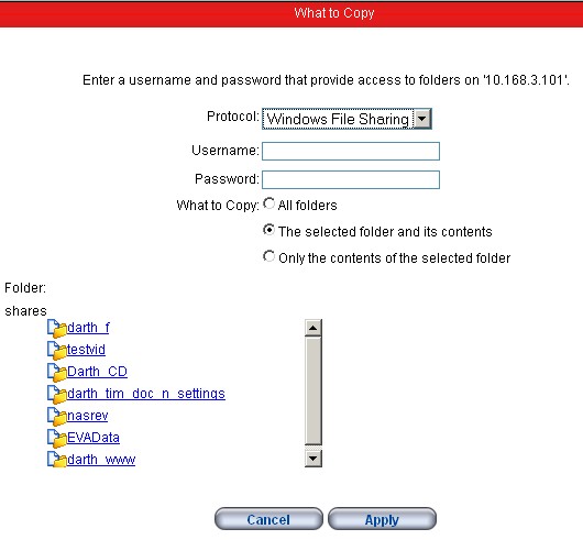Copy folder selection for CIFS (Windows) shares