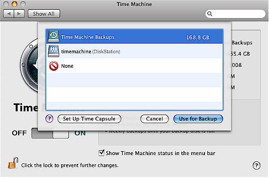 Select the Time Machine share on the Synology