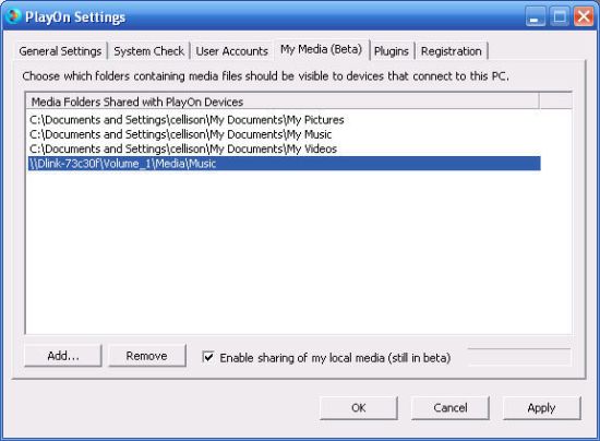 PlayOn settings for sharing local media with the EVA2000