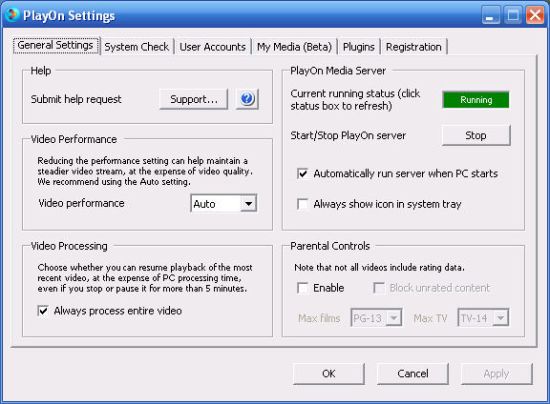 PlayOn control panel general settings