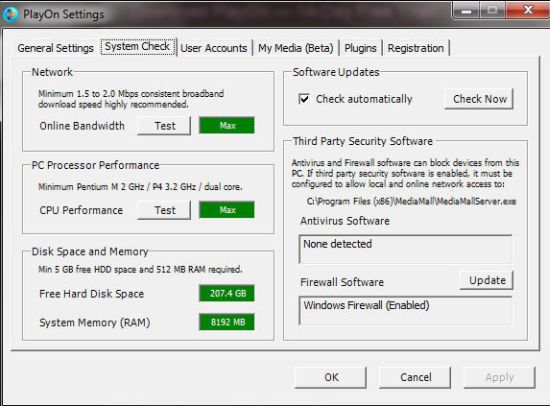PlayOn System Check