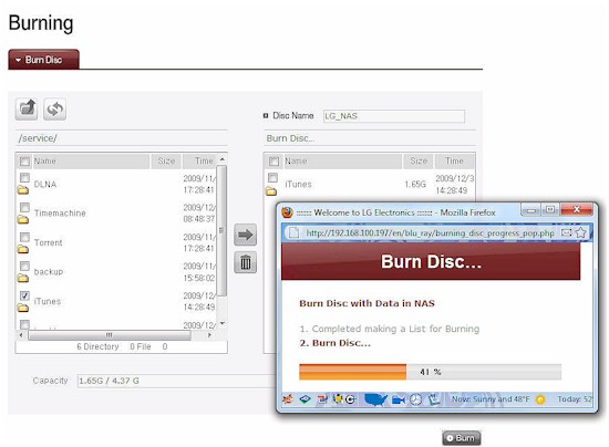 Burning data onto the N2B1 NAS' optical drive