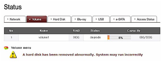 Status showing unexpected removal of a hard drive