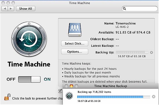 Time Machine backup running on the LG N2B1