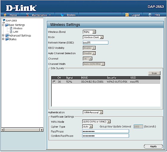 DAP-2553 set as wireless client