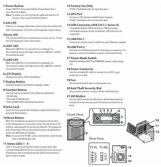 Front and rear panel callouts - TeraStation III and ES