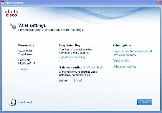 Valet settings page w/ plaintext password