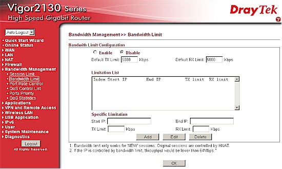 Bandwidth limit controls