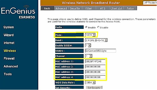 ESR9850 wireless settings for WDS mode