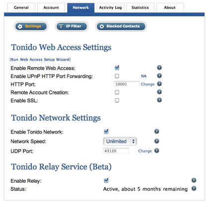 General settings for the app. Note the bandwidth throttle is defaulted to 100%