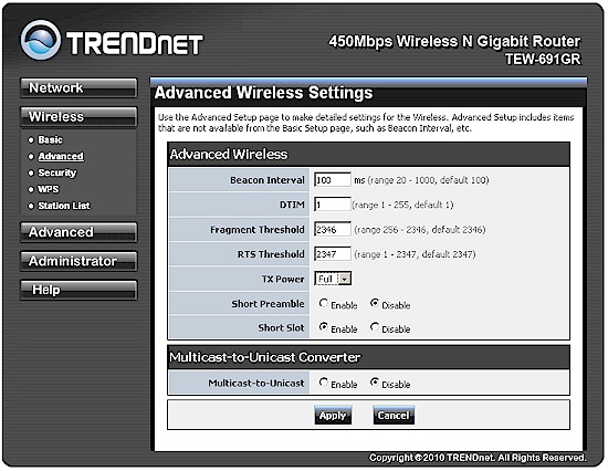 TRENDnet TEW-691GR Advanced Wireless settings