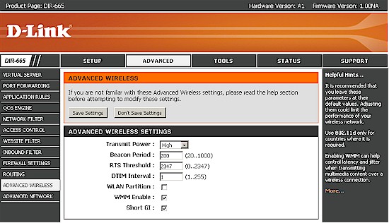 D-Link DIR-665 Advanced Wireless controls
