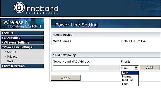 Innoband 210P-I1 Powerline QoS screen