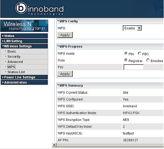 Innoband 210P-I1 Wireless WPS screen