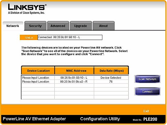 Linksys utility - network screen