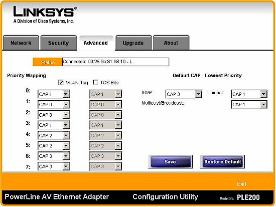 Linksys utility - Advanced screen