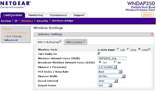 WNDAP350 Wireless settings screen