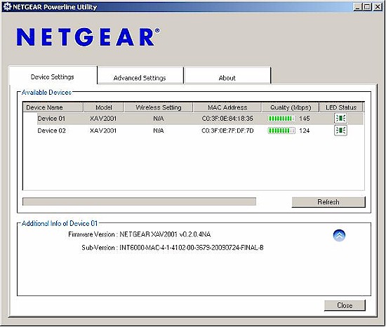 NETGEAR utility - settings screen