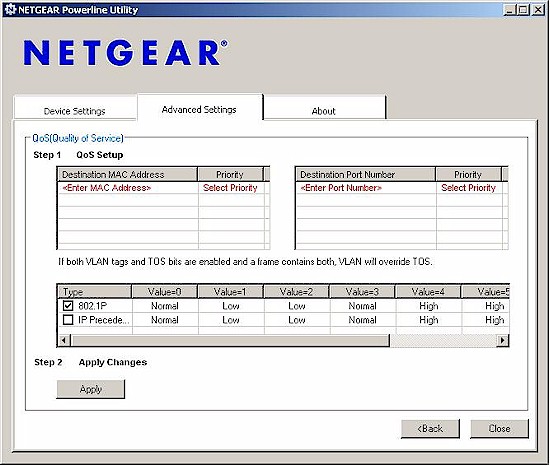 NETGEAR utility - advanced settings screen