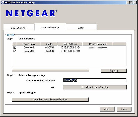 NETGEAR utility - advanced settings screen