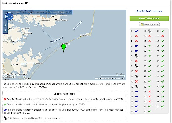 Fixed TVBD Available Channel Map - Rural location