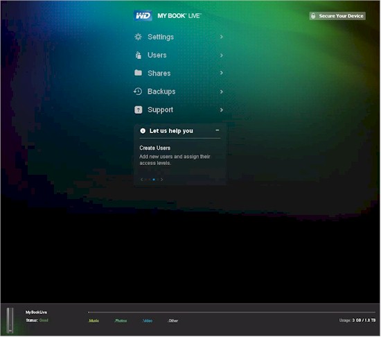 WD My Book Live admin home page