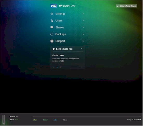 WD My Book Live admin home page