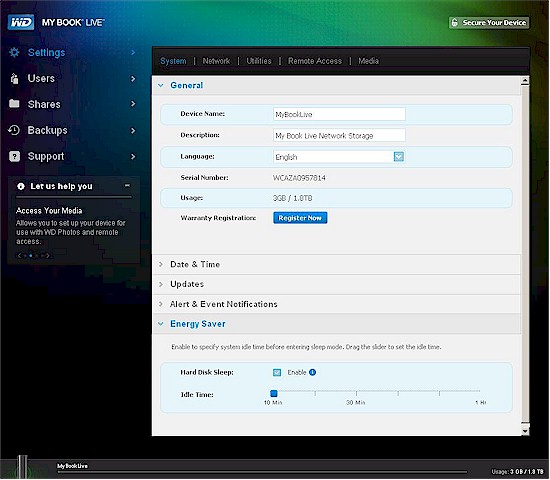 WD My Book Live System page