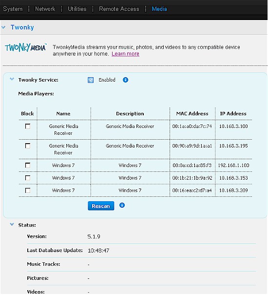 My Book Live Media Tab, Twonky panel