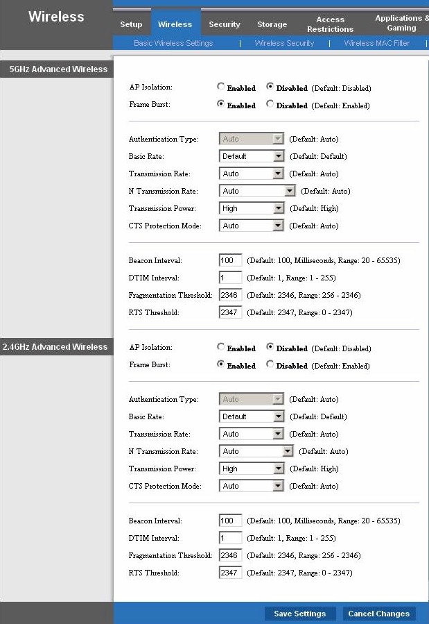 E3000 Advanced Wireless settings