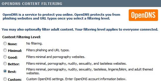 OpenDNS content filtering options