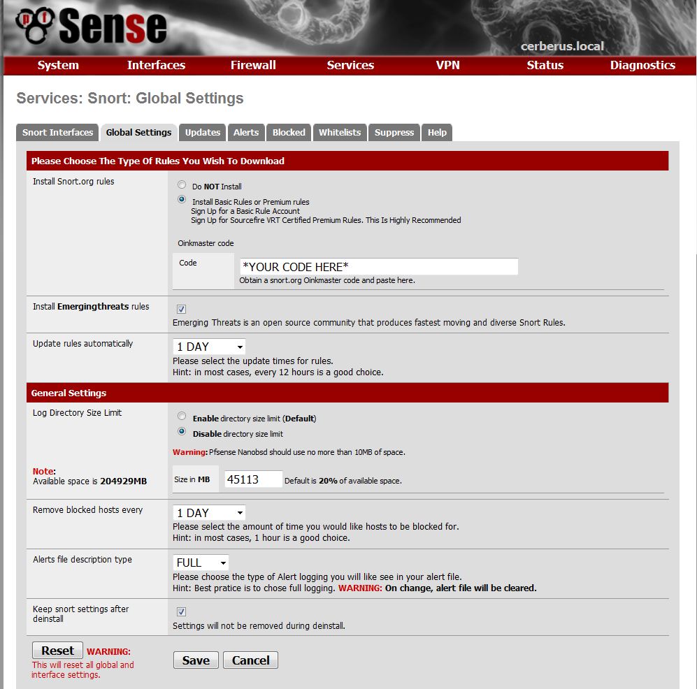 Snort global settings