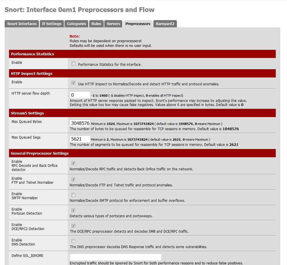 Snort preprocessor settings