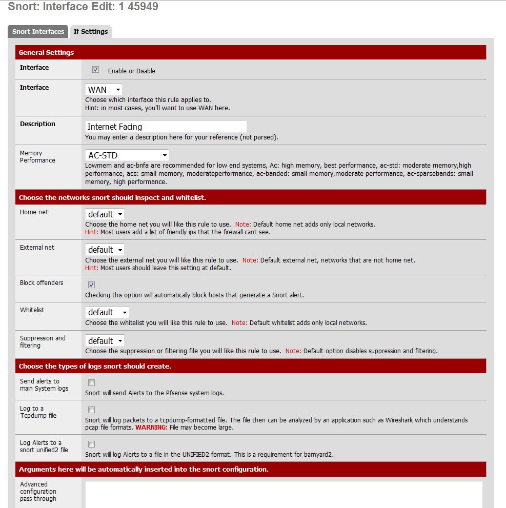 Snort WAN interface settings