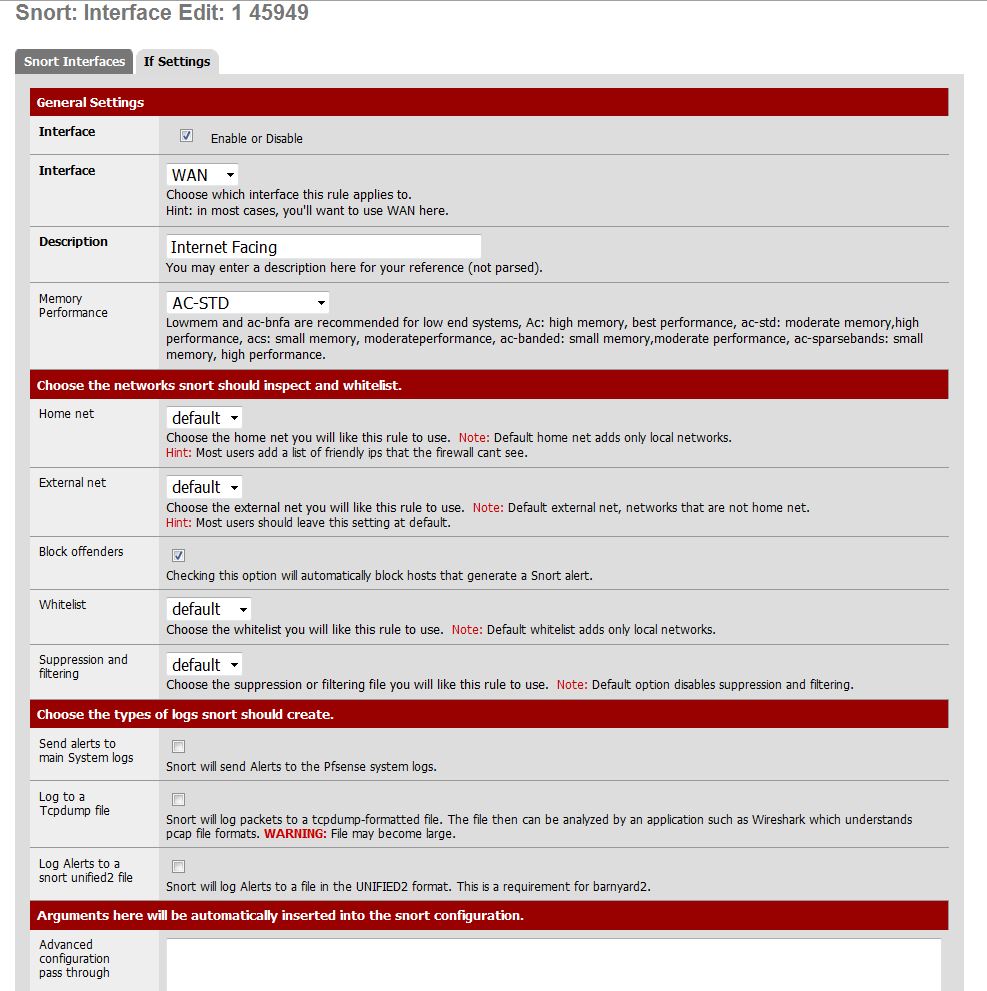 Snort WAN interface settings