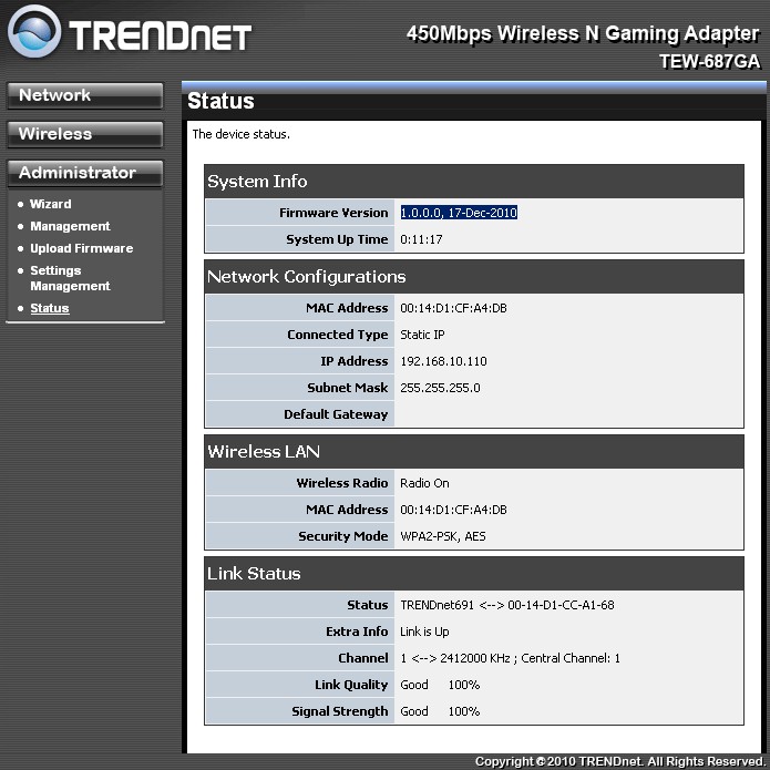 TRENDnet TEW-687GA status screen