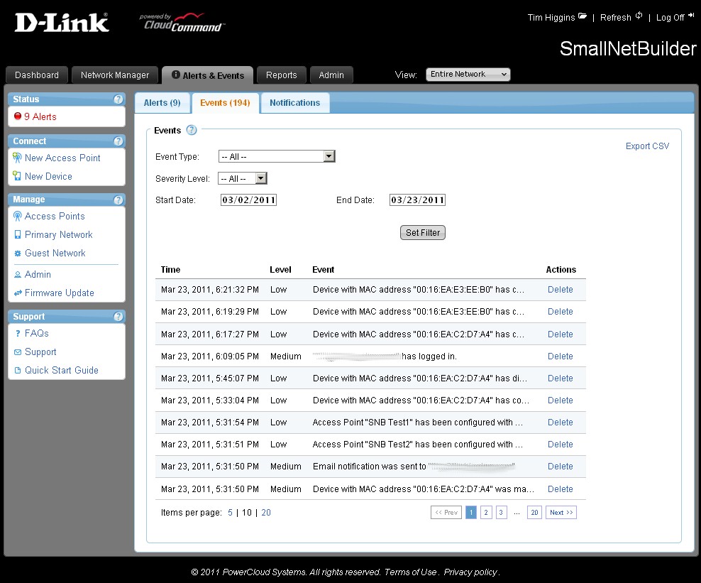 CloudCommand Events page