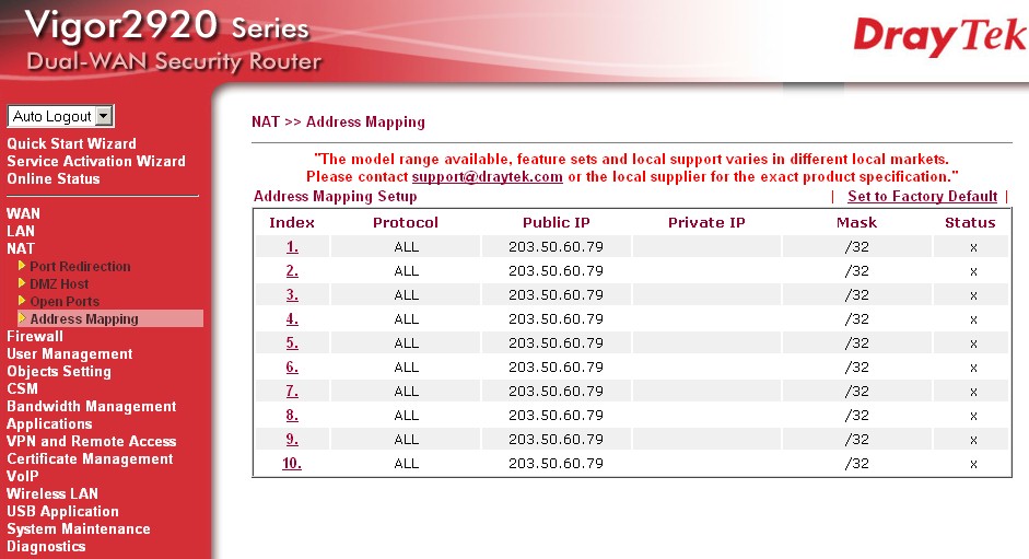 2920 Address mapping menu