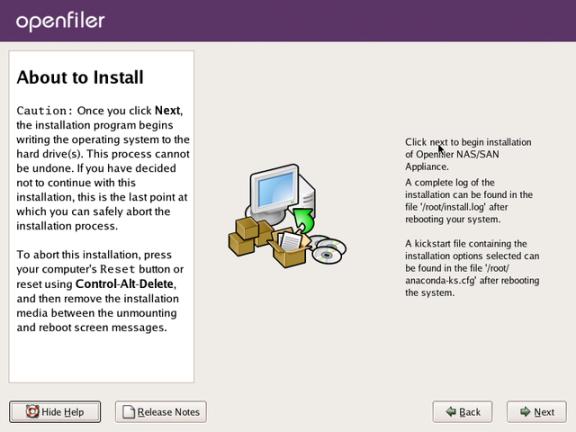 Openfiler install confirmation screen