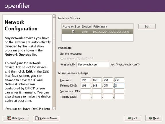 Openfiler network setup