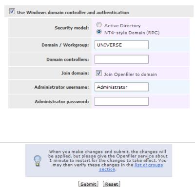 Openfiler Workgroup setting