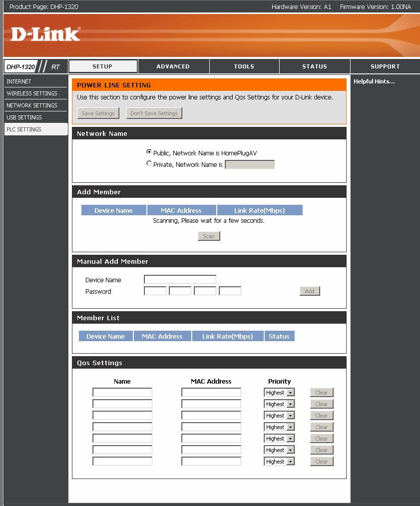 DHP-1320 Powerline settings