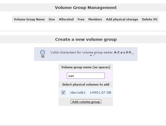 Openfiler Create Volume Group