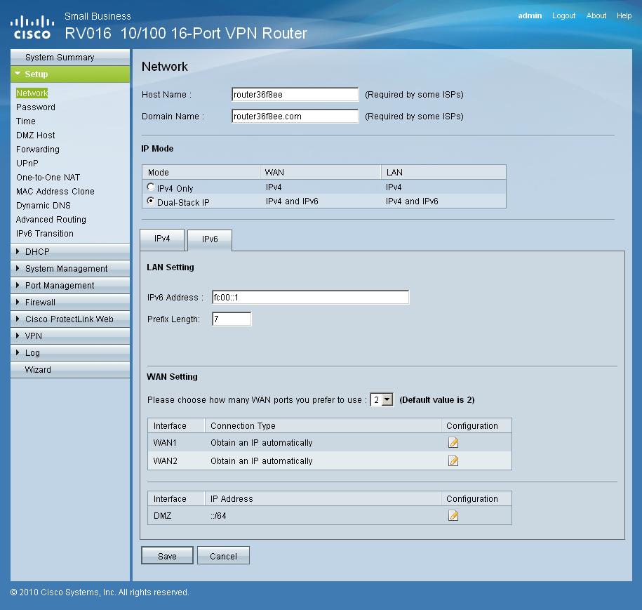 Main IPv6 screen for WAN and LAN