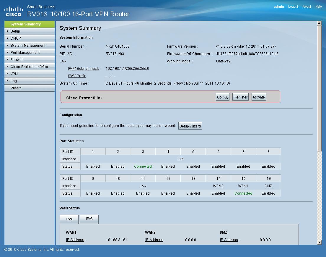 RV016 v3 System summary page